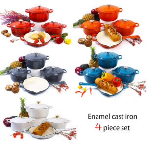 OKV 4-Piece Enameled Cast Iron Cookware Set – 3 Dutch Ovens with Lids & 1 Skillet Pan