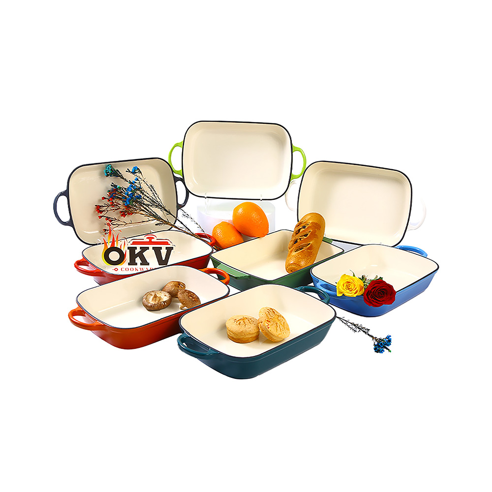 OKV Enameled Cast Iron Baking Dish – Rectangular Grill & Roasting Pan