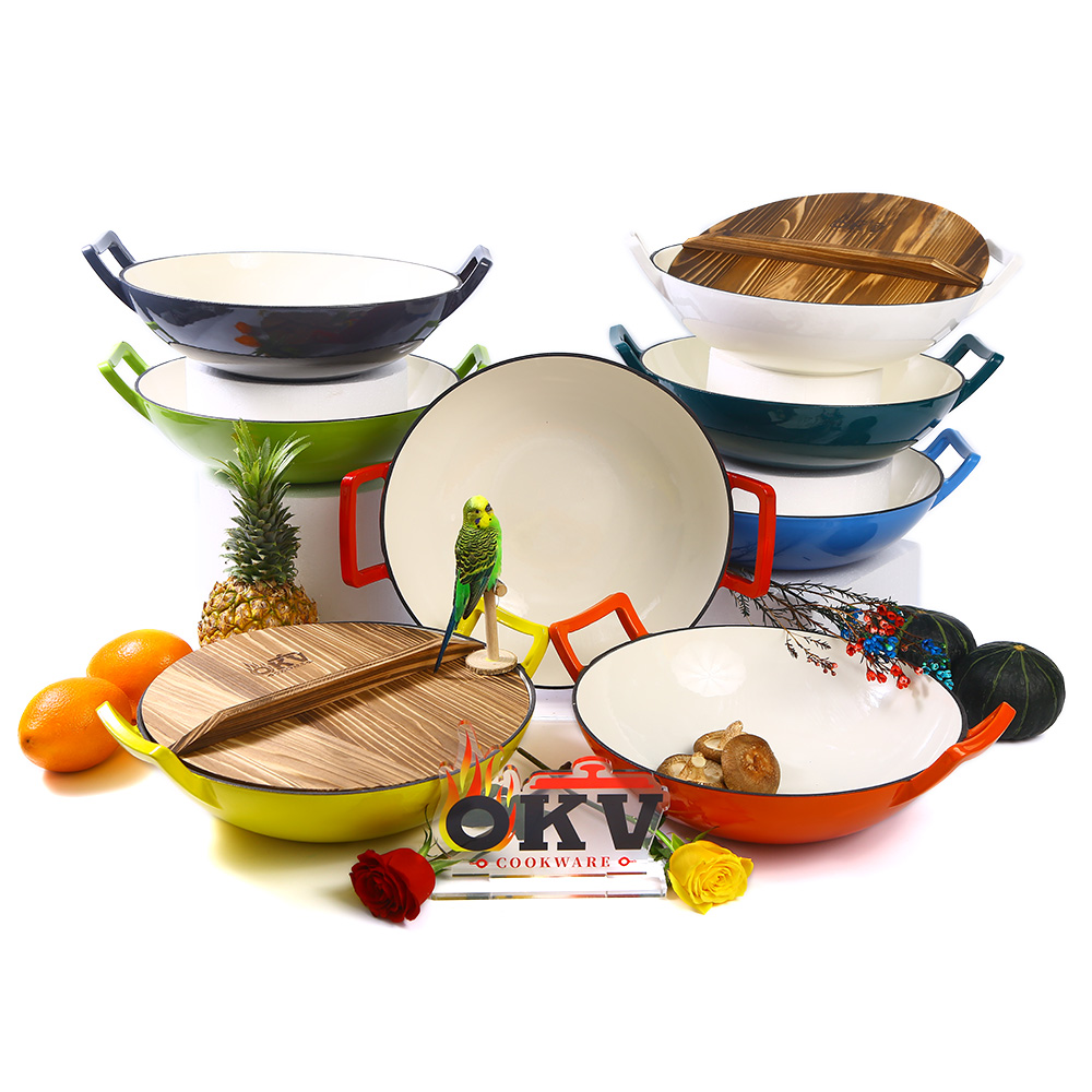 OKV 36cm Enamel Cast Iron Wok with Wooden Lid – Gift Box Packaging