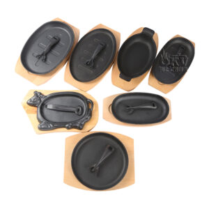 OKV Pre-Seasoned Cast Iron Sizzling Plates – With Wooden Base, Multiple Shapes, Vegetable Oil Finish
