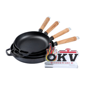 OKV 4-Piece Cast Iron Skillet Set – Flat Bottom with Wooden Handle, Pre-Seasoned with Vegetable Oil