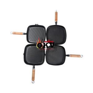 OKV Cast Iron Square Grill Pan with Wooden Handle – Pre-seasoned Griddle Pan