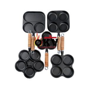OKV Multi-shape Cast Iron Breakfast Pans – Pre-seasoned Egg & Pancake Mould Skillets with Wooden Handle