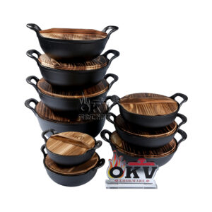 OKV Pre-Seasoned Cast Iron Yuanbao Wok with Wooden Lid – Traditional Chinese Stir-Fry Pan, 10 Sizes Available (20–42cm)