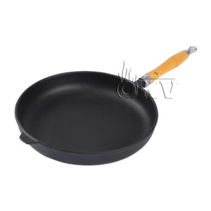 OKV Cast Iron Frying Pan with Removable Wooden Handle – 26cm & 30cm, Oil Pour Spout & Assist Handle