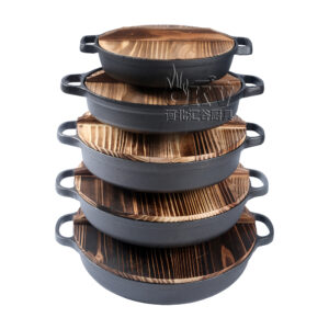 OKV Cast Iron Serving Skillet with Wooden Lid – 100% Vegetable Oil Seasoned, 5 Sizes Available