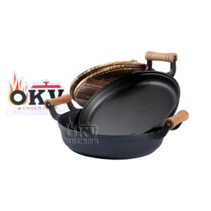 OKV Cast Iron Skillet & Deep Pan Set with Wooden Lids – 29.5cm, Double Wooden Handles